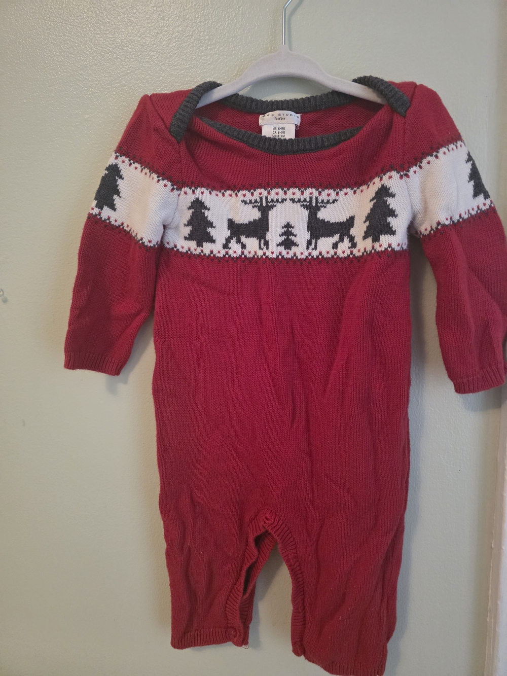 Max Studio Baby Red and Gray Fair Isle Knit Sweater